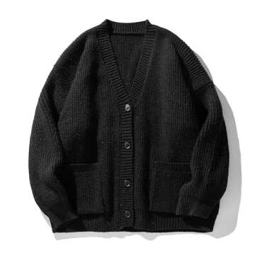 POHADON Mens Cardigan Sweater Button Down Long Sleeve V Neck Cable Knit Sweaters Japanese Streetwear Grunge Clothes (Black,M)