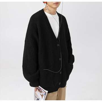 POHADON Mens Cardigan Sweater Button Down Long Sleeve V Neck Cable Knit Sweaters Japanese Streetwear Grunge Clothes (Black,M)