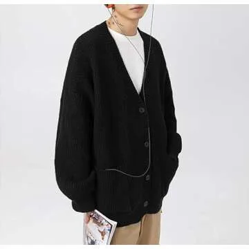 POHADON Mens Cardigan Sweater Button Down Long Sleeve V Neck Cable Knit Sweaters Japanese Streetwear Grunge Clothes (Black,M)