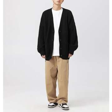 POHADON Mens Cardigan Sweater Button Down Long Sleeve V Neck Cable Knit Sweaters Japanese Streetwear Grunge Clothes (Black,M)