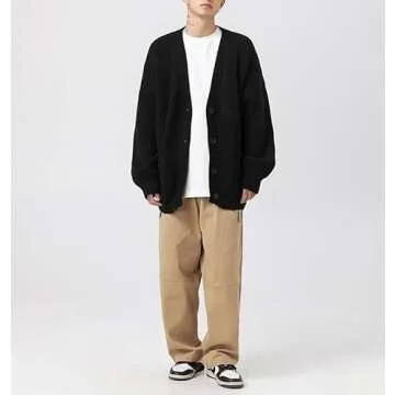 POHADON Mens Cardigan Sweater Button Down Long Sleeve V Neck Cable Knit Sweaters Japanese Streetwear Grunge Clothes (Black,M)