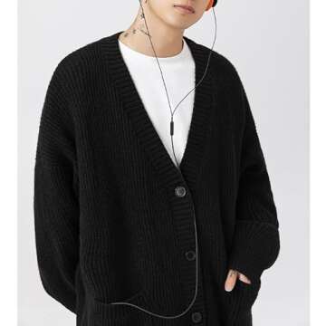 POHADON Mens Cardigan Sweater Button Down Long Sleeve V Neck Cable Knit Sweaters Japanese Streetwear Grunge Clothes (Black,M)