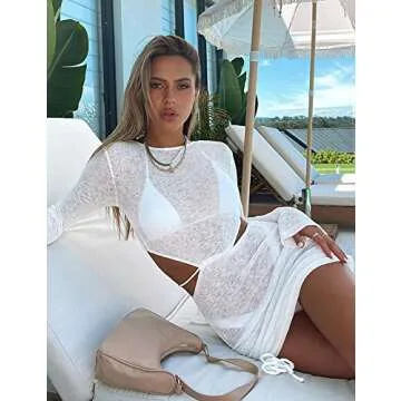 Kaximil Women's Swimsuit Coverup Long Sleeve Sexy Beach Bathing Suit Cover Ups Mini Dress Swimwear, Medium, White