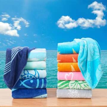 Great Bay Home 100% Cotton Beach Towels | 2 Pack of 30 x 60" Navy Pool Towels for Adults and Kids | Absorbent & Quick Dry Towels (Navy/Royal Blue Fish & Stripe)