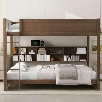 Merax Queen Over Queen Bunk Bed with Storage Cabinets and USB Ports