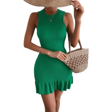 MakeMeChic Women's Sleeveless Sweater Dress Crochet Ribbed Knit Ruffle Hem Mini