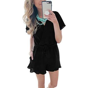 REORIA Womens Casual Summer One Piece Ruffles Short Sleeve V Neck Tie Front Belted Wrap Playsuits Short Jumpsuit Beach Rompers Black Small