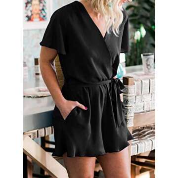 REORIA Womens Casual Summer One Piece Ruffles Short Sleeve V Neck Tie Front Belted Wrap Playsuits Short Jumpsuit Beach Rompers Black Small