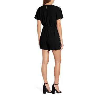 REORIA Womens Casual Summer One Piece Ruffles Short Sleeve V Neck Tie Front Belted Wrap Playsuits Short Jumpsuit Beach Rompers Black Small