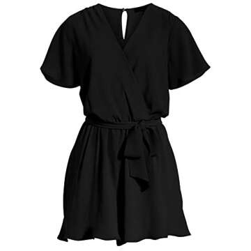 REORIA Womens Casual Summer One Piece Ruffles Short Sleeve V Neck Tie Front Belted Wrap Playsuits Short Jumpsuit Beach Rompers Black Small
