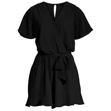 REORIA Womens Casual Summer One Piece Ruffles Short Sleeve V Neck Tie Front Belted Wrap Playsuits Short Jumpsuit Beach Rompers Black Small