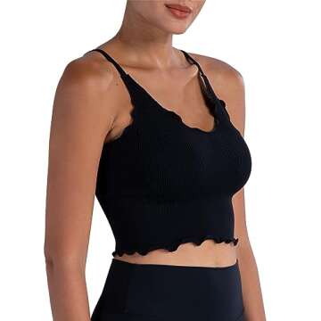 Sunzel Tank Top for Women, V Neck Cropped Seamless Ribbed Camisole with Ruffles for Workout Yoga Lou...