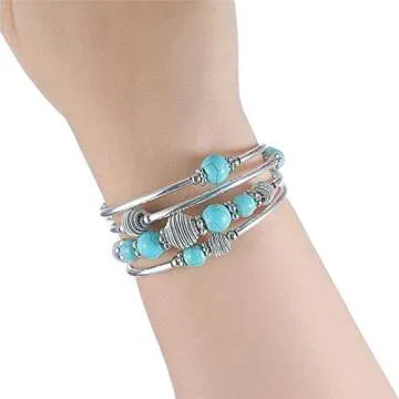 PEARL&CLUB Beaded Chakra Bangle Turquoise Bracelet - Fashion Jewelry Wrap Bracelet with Thick Silver Metal and Mala Beads, Birthday Gifts For Women(Turquoise)