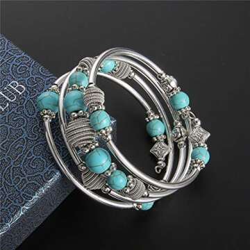 PEARL&CLUB Beaded Chakra Bangle Turquoise Bracelet - Fashion Jewelry Wrap Bracelet with Thick Silver Metal and Mala Beads, Birthday Gifts For Women(Turquoise)