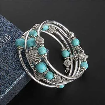 PEARL&CLUB Beaded Chakra Bangle Turquoise Bracelet - Fashion Jewelry Wrap Bracelet with Thick Silver Metal and Mala Beads, Birthday Gifts For Women(Turquoise)