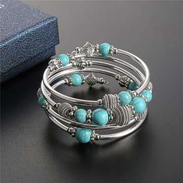 PEARL&CLUB Beaded Chakra Bangle Turquoise Bracelet - Fashion Jewelry Wrap Bracelet with Thick Silver Metal and Mala Beads, Birthday Gifts For Women(Turquoise)
