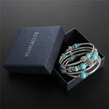 PEARL&CLUB Beaded Chakra Bangle Turquoise Bracelet - Fashion Jewelry Wrap Bracelet with Thick Silver Metal and Mala Beads, Birthday Gifts For Women(Turquoise)