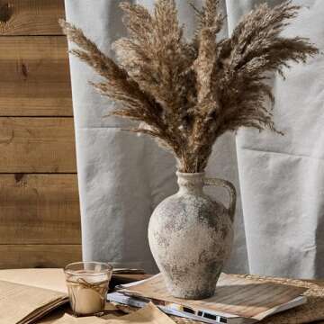 PORCER Antique Ceramic Vase, 8.3 Inch Terracotta Vase with Handle, Boho Decor Decorative Vase, Rustic Vase for Home Decor, Farmhouse, Living Room, Floor, Wedding, Christmas- Gray