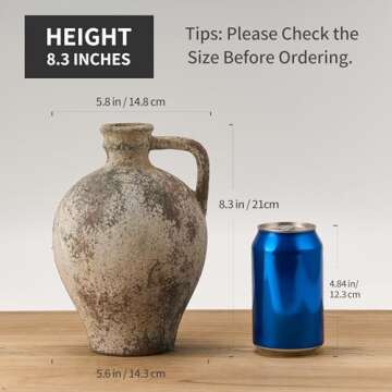 PORCER Antique Ceramic Vase, 8.3 Inch Terracotta Vase with Handle, Boho Decor Decorative Vase, Rustic Vase for Home Decor, Farmhouse, Living Room, Floor, Wedding, Christmas- Gray