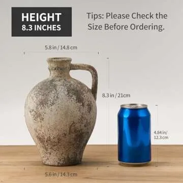 PORCER Antique Ceramic Vase, 8.3 Inch Terracotta Vase with Handle, Boho Decor Decorative Vase, Rustic Vase for Home Decor, Farmhouse, Living Room, Floor, Wedding, Christmas- Gray