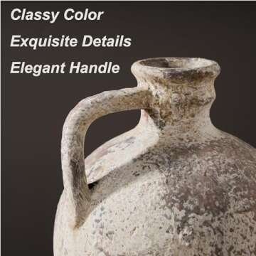 PORCER Antique Ceramic Vase, 8.3 Inch Terracotta Vase with Handle, Boho Decor Decorative Vase, Rustic Vase for Home Decor, Farmhouse, Living Room, Floor, Wedding, Christmas- Gray