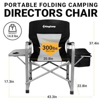 KingCamp Heavy Duty Camping Director Chair Outdoor Folding Chairs for Adults Oversized Camp Chair with Side Table, Cooler Bag, Padded Arms, for Fishing Sports Beach Picnic, Iron, Support 330lbs