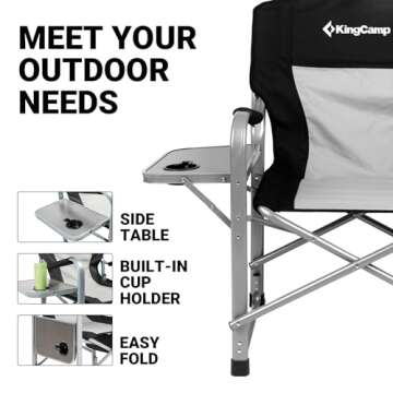 KingCamp Heavy Duty Camping Director Chair Outdoor Folding Chairs for Adults Oversized Camp Chair with Side Table, Cooler Bag, Padded Arms, for Fishing Sports Beach Picnic, Iron, Support 330lbs
