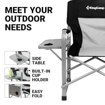 KingCamp Heavy Duty Camping Director Chair Outdoor Folding Chairs for Adults Oversized Camp Chair with Side Table, Cooler Bag, Padded Arms, for Fishing Sports Beach Picnic, Iron, Support 330lbs