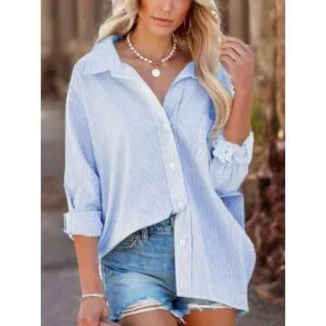 Flowyair Women's Oversized Button Down Shirts Business Casual Long Sleeve Blouse Work Striped Tops Blue