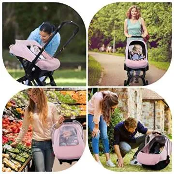 Car Seat Covers for Babies, Original Baby Car Seat Cover for Girls Boys, Stretchy Infant Carseat Canopy with Adjustable Breathable Mesh Window & Pocket, Kick-Proof Stroller Cover for Spring Summer