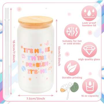 Music Lover Merch Gifts Cup - Glass Jars 16oz Frosted Wide Mouth Smoothie Cups with Bamboo Lids and ...