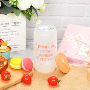 Music Lover Merch Gifts Cup - Glass Jars 16oz Frosted Wide Mouth Smoothie Cups with Bamboo Lids and Straws, Birthday Stuff Gifts for Girls or Singer Fans