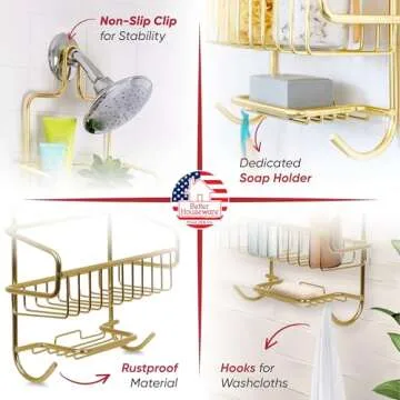 Stylish Rustproof Hanging Shower Caddy with Hooks & Shelves