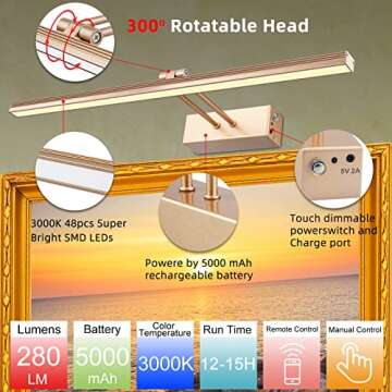 FUNCHDAY Picture Light,5000mAh Battery Operated Picture Light for Wall,Wireless Remote Painting Light with Timer and Dimmable,16”Metal Art Light for Display,Wall,Artwork,Portrait,Gallery-Rosegold