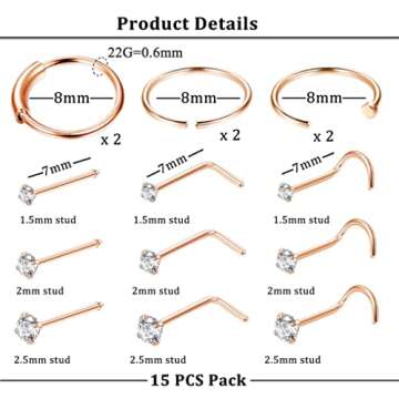 FINREZIO 15PCS 22G 20G 18G Surgical Steel Nose Rings Hoop Studs Cartilage Earrings Body Piercing Jew...