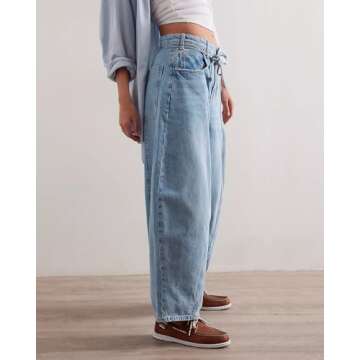 LifeShe Women's Wide Leg Baggy Jeans with Drawstring in Light Blue
