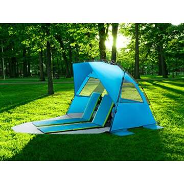 Pacific Breeze Easy Setup Beach Tent Deluxe XL with extendable Floor for Privacy, SPF 50+ Pop Up Beach Tent Provides Shade for 4 or More People