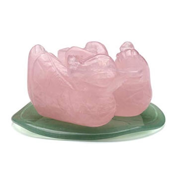 Jovivi Natural Rose Quartz Mandarin Ducks Feng Shui Crystal Love Birds on Lotus Leaf Figurine for Lo...