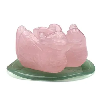 Jovivi Natural Rose Quartz Mandarin Ducks Feng Shui Crystal Love Birds on Lotus Leaf Figurine for Lo...