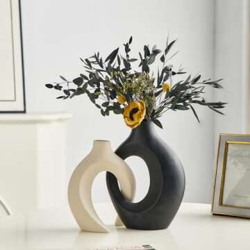 Ceramic Vases for Home Decor, Black and White Vase, Minimalist Boho Flower Vase, Round Decorative Modern Vase for Living Room Entryway Bookshelf Dining Table Centerpiece Set of 2