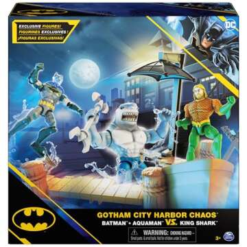 DC Comics, Gotham City Harbor Chaos Playset | 4-inch Batman, Aquaman, King Shark Action Figures | Ki...
