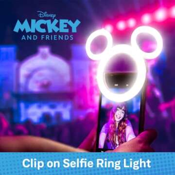 Disney Mickey Mouse Clip On Selfie Ring Light for Phone - Mickey Rechargeable LED Ring Light for iPhone and Other Devices- Mickey Mouse Small Ring Light - 3 Light Setting