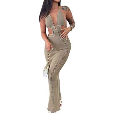 NUFIWI Womens Sexy Knitted Cut Out Spaghetti Strap Long Dress - Halter Neck Backless Maxi Dress for ...