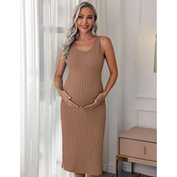 Ekouaer Women's Maternity Dress Rib Knit Sleeveless Baby Shower Dresses Casual Bodycon Pregnancy Clo...