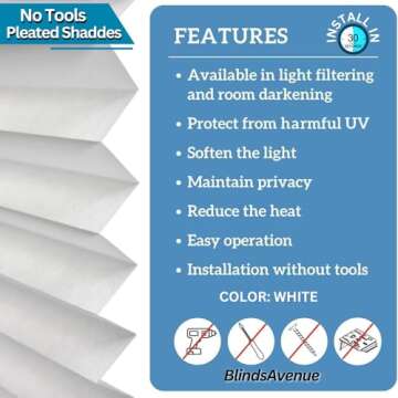 BlindsAvenue Cordless Pleated Window Shades - Easy Install, No Drill, White