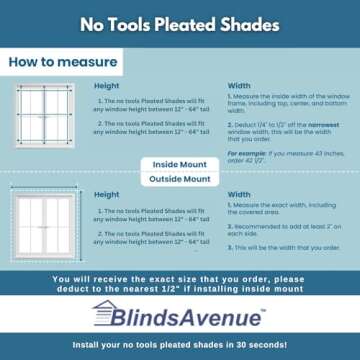 Easy Install Cordless Pleated Window Shades 34" W x 64" H