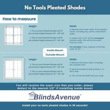 Easy Install Cordless Pleated Window Shades 34" W x 64" H