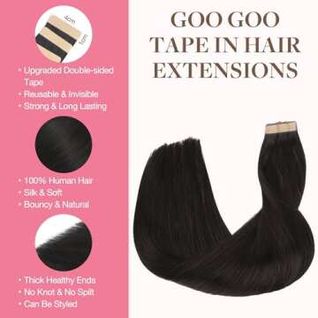 GOO GOO Tape in Hair Extensions Human Hair, 1B Natural black, 20inch 50g 20pcs, Thick Ends Straight ...