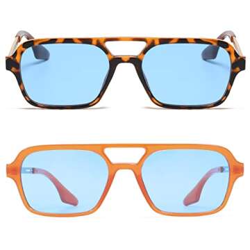 NULOOQ Retro 70s Flat Aviator Sunglasses for Women Men, Vintage Square Small Frame Shades Driving UV...