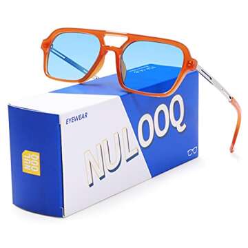 NULOOQ Retro 70s Flat Aviator Sunglasses for Women Men, Vintage Square Small Frame Shades Driving UV400 Protection (Orange/Blue + Leopard/Blue) - 2 Pack